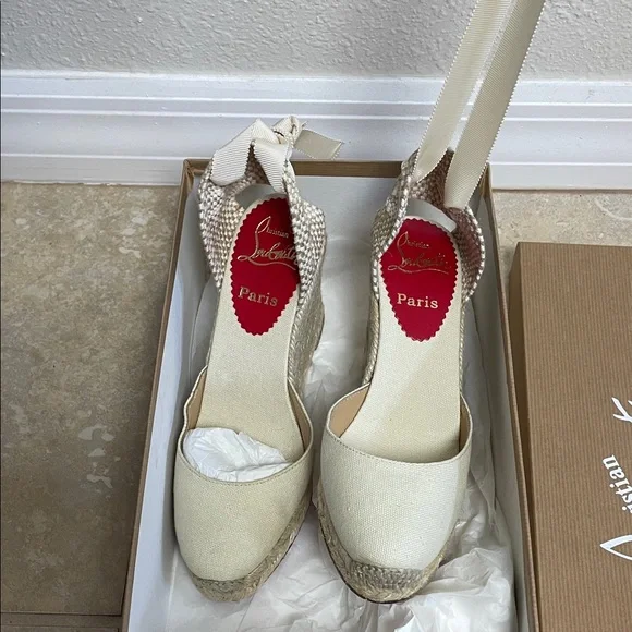 New Christian Louboutin Brigitte Cream Espadrille 5 Wedges 35 - Picture 4 of 17